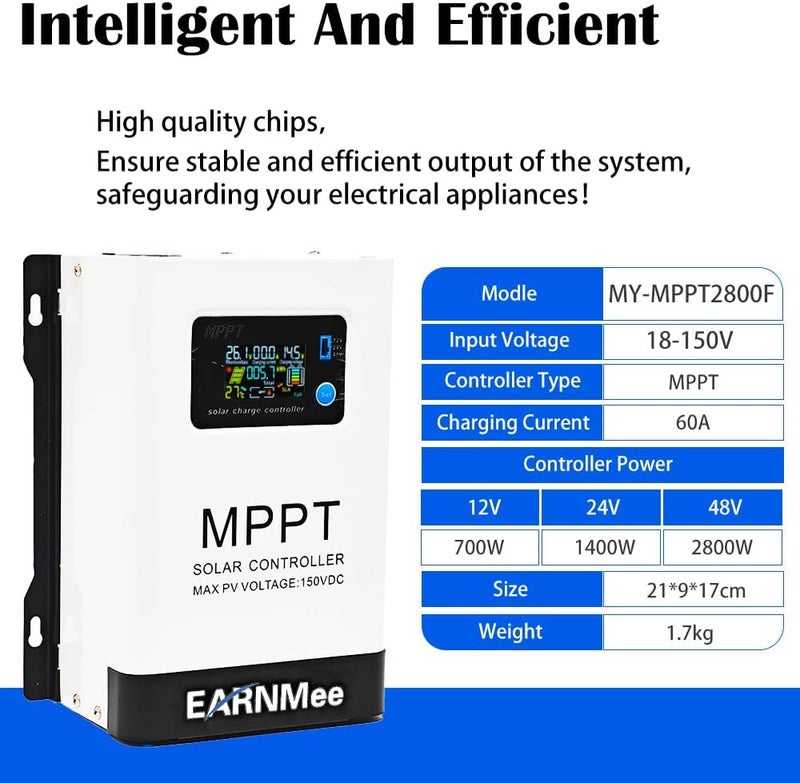 EARNMee 60A MPPT Solar Charge Controller, 18-150VDC PV Input, 12V/24V/48V Adjustable Output, Ideal for RV, Large Solar Systems, Compatible with Mono/Poly Panels & Lead-Acid/Lithium Batteries - Image 2